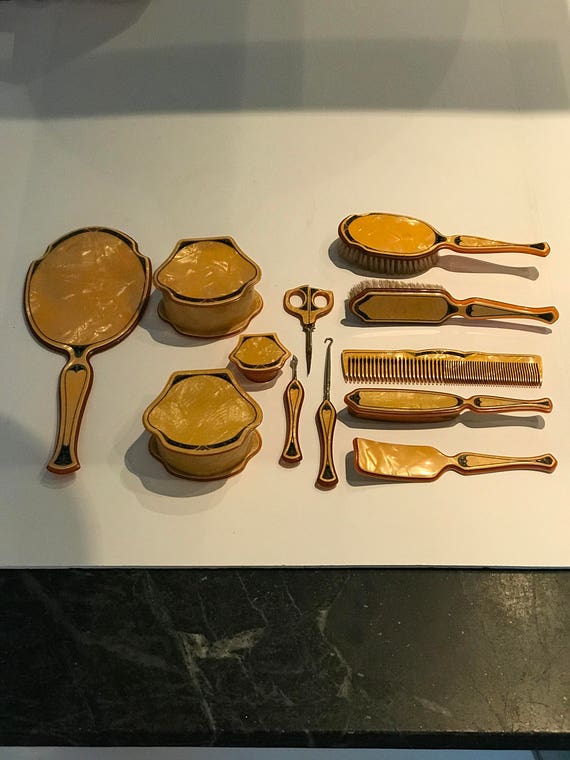 Vanity Set Circa 1920s Celluloid Dresser Set Butterscotch Etsy