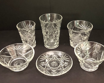 Anchor Hocking, Pattern Oatmeal Prescut Clear, Circa 1960, Mid-Century Modern, Star, Fan Design.  Discontinued, Open Stock