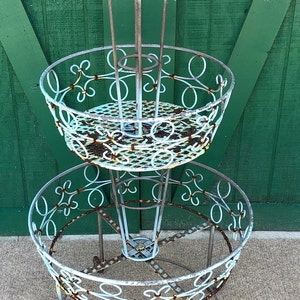 Salterini, Wrought Iron Plant Stand, Antique, Decorative Piece, Wire Three Tier Basket, Circa 1930,  Table, Whisky Table, Patio Bar