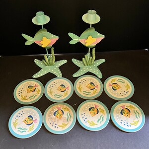 Studio Nova, Barrier Reef Pattern, Set of Two Candle Sticks, Set of Eight Coasters, Vintage Beach Decor