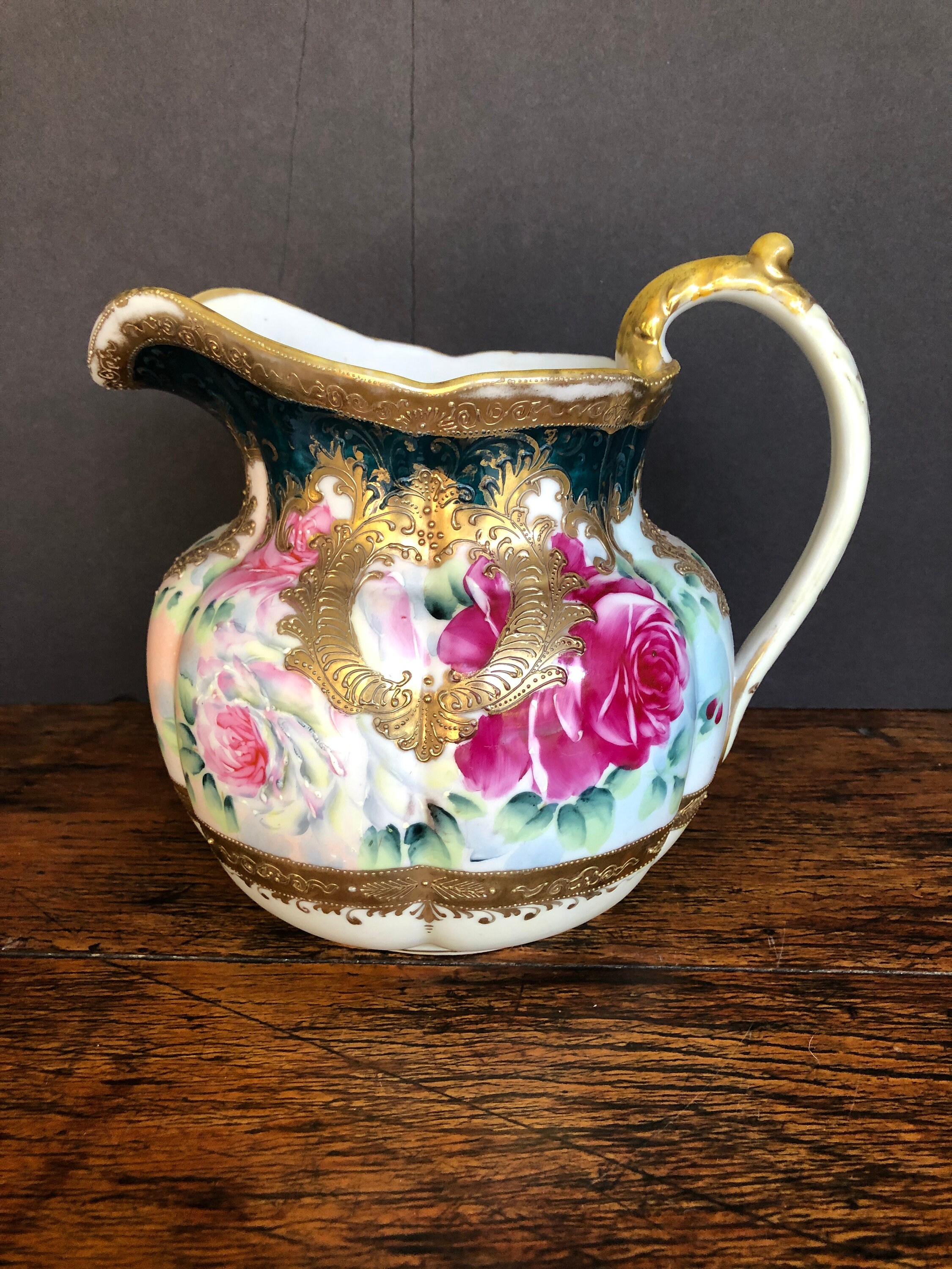 Nippon, Hand Painted Moriage, Heavy Gilded Large Pitcher, Jug