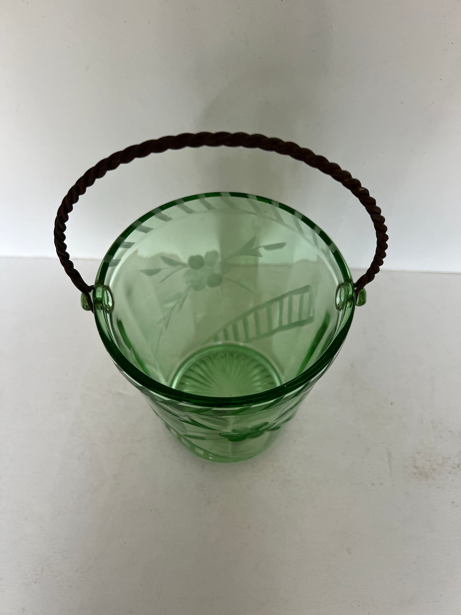 Green Depression Glass Ice Bucket With Lid Twisted Metal Etsy