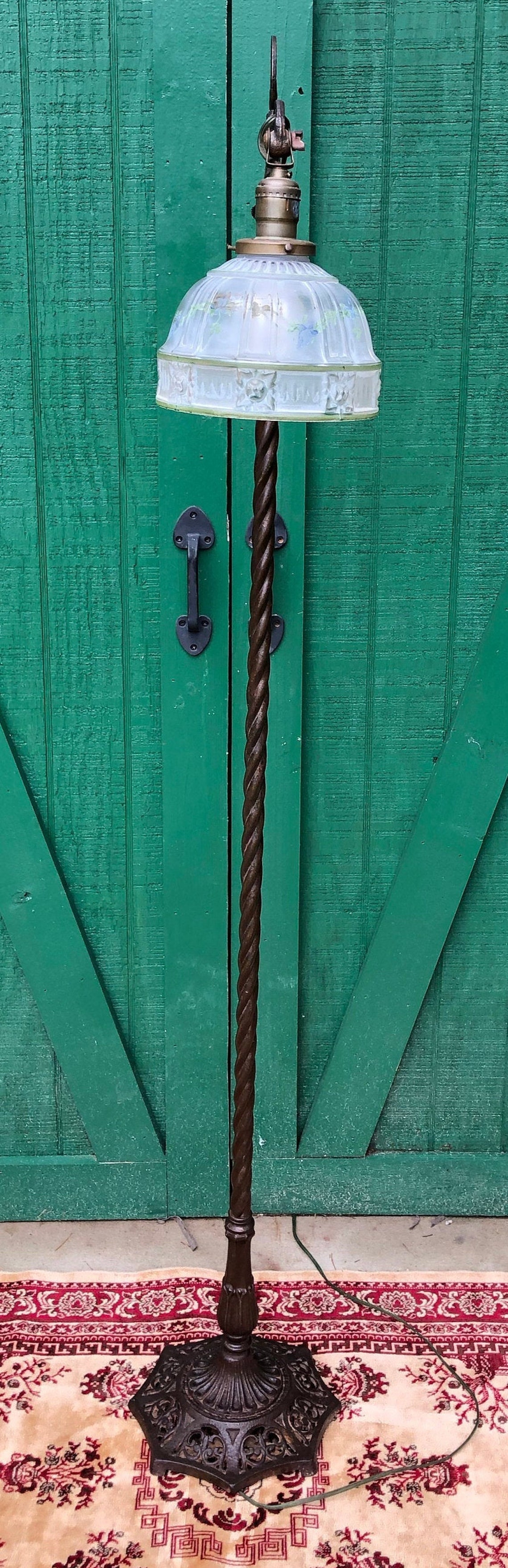 Antique Cast Iron Bridge Lamp Hand Painted Glass Shade Etsy