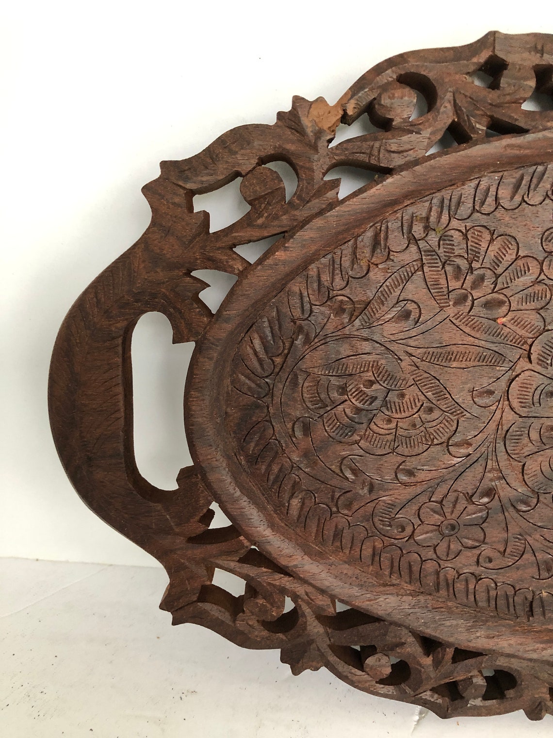 Wood Tray Hand Carved Ornate Teak Tray Decorative Serving Etsy UK