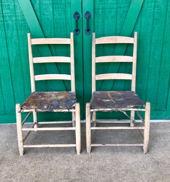 Antique Ladder Back Chairs Deer Hide Seat Primitive Shaker Etsy