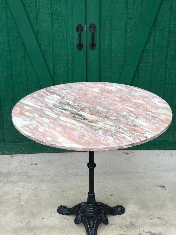 Marble Bistro Table Cast Iron Pedestal Base Pink Marble Top Ice Cream Parlor Table Soda Fountain Table Victorian Side Walk Table