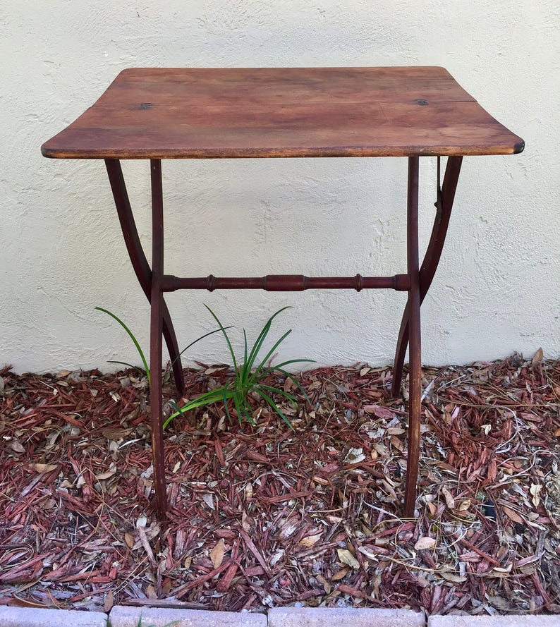 Antique Folding Card Table Campaign Wood Small Folds Flat Hinges Circa 1900 Sewing Primitive