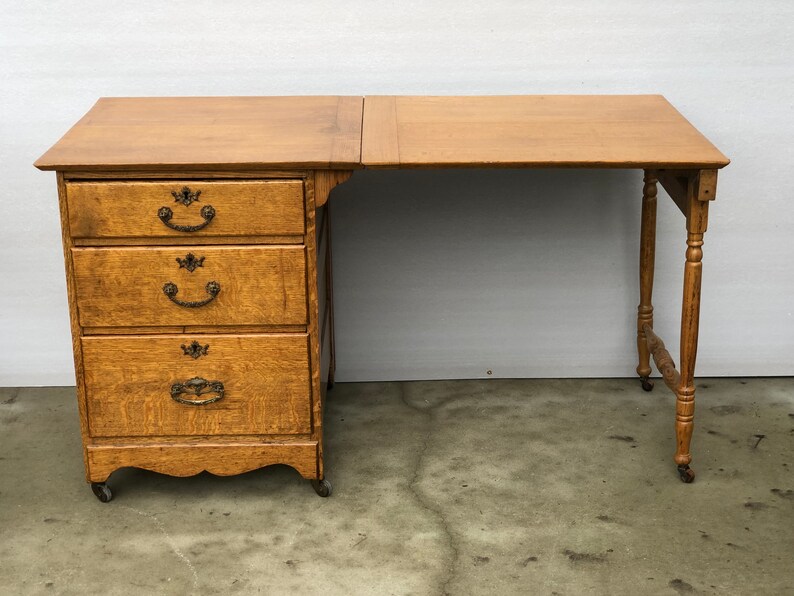 Oak Antique Desk Drop Leaf Stickley Three Drawer Circa 1920 Golden Gate Leg