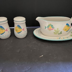 Studio Nova, Barrier Reef Pattern, Gravy Boat with Plate, Salt & Peppers Vintage Beach Decor