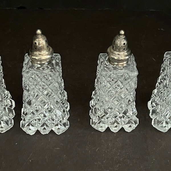 Salt & Pepper, Sets of Two, Lids, Diamond Design, Pressed Vintage Glass, Silver Plate  Lids, OPEN STOCK, Sold Individually