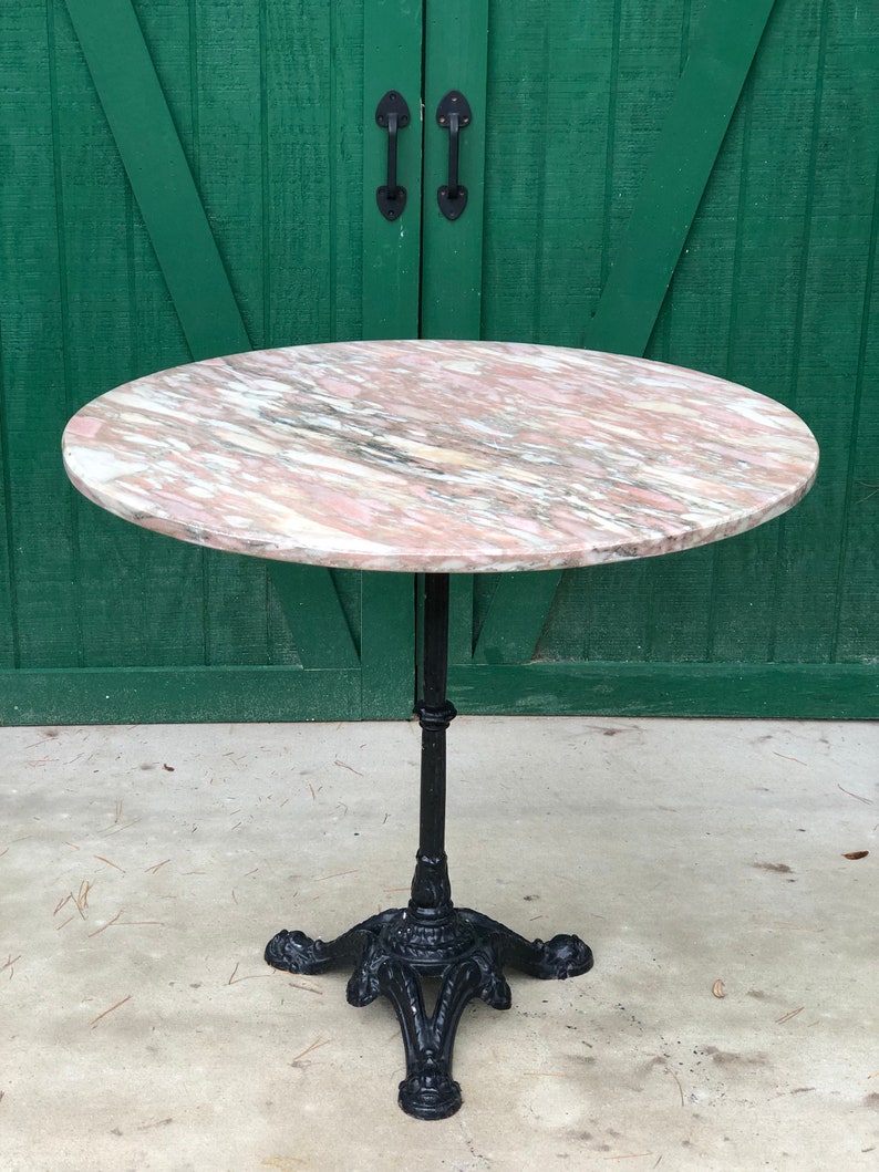 Marble Bistro Table Cast Iron Pedestal Base Pink Marble Top Ice Cream Parlor Table Soda Fountain Table Victorian Side Walk Table