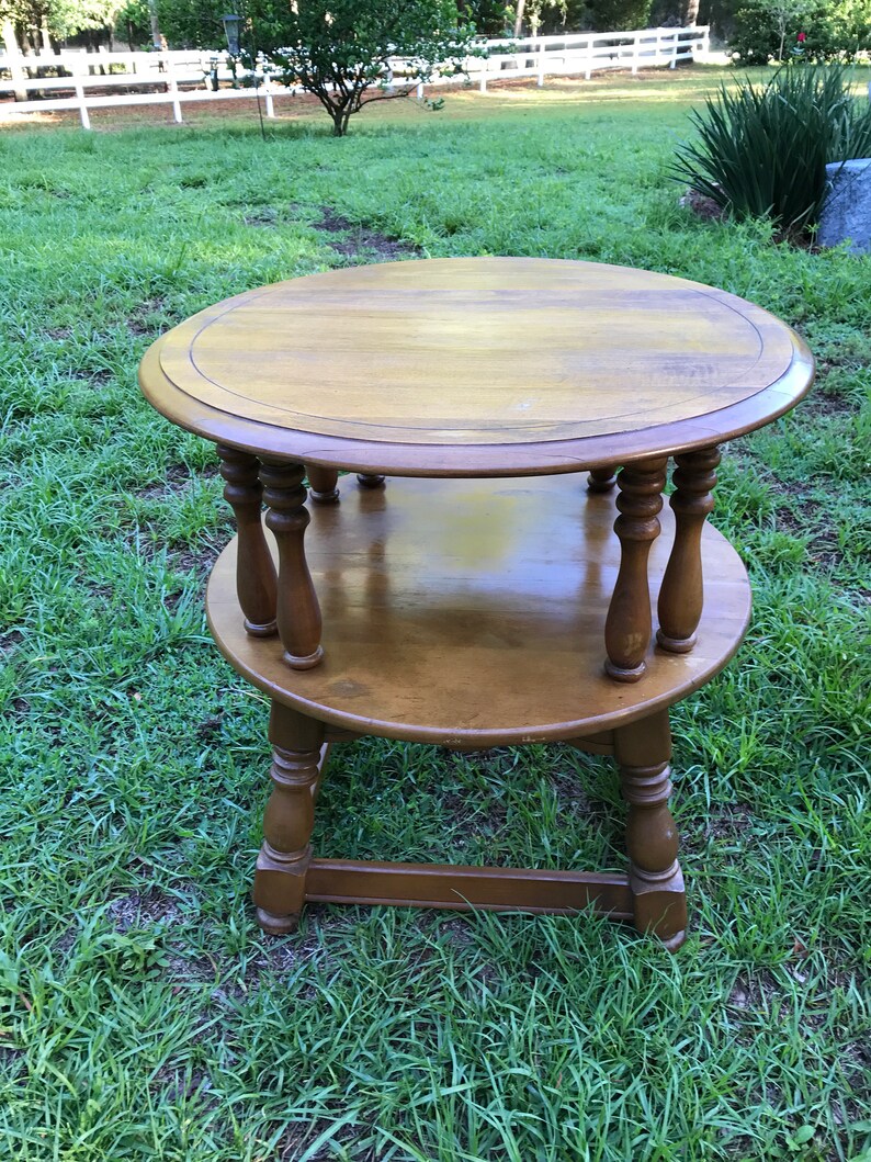 Mid Century Modern Round Table Bassett Furniture Two Shelf Wood Hard Circa 1960