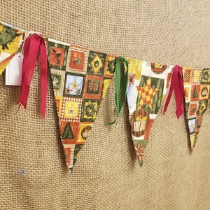 Squares & Stars Holiday Banner, Fabric Holiday Bunting, Star Holiday Garland, Tree, Stars Christmas Decor, Gold, Rust Mantel Hanging