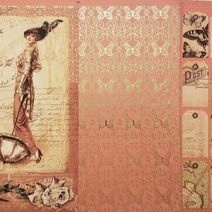 Lady w/Parasol Scrapbook Papers, 9ea. 12x12, Metallic Butterfly, Vintage Labels, White Floral w/bird, Written, Card Making, Journal Scrap,