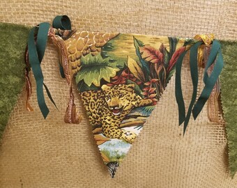 Jungle Fabric Banner, Elephants, Tigers, Parrots Bunting, Forest Flags Green, Jungle Nursery Decor, Wildlife Kids Bedroom Birthday Party