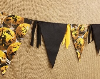 Halloween Night Spooky Banner, Haunted House Flag Pennant, Fabric Halloween Garland, October 31st Banner, Black Cats Garland, Spider Webs