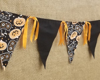Halloween Cats & Owls Banner, Jack-o-Lantern Flag Pennant, Fabric Halloween Garland, October 31st Banner, Pumpkins Banner.
