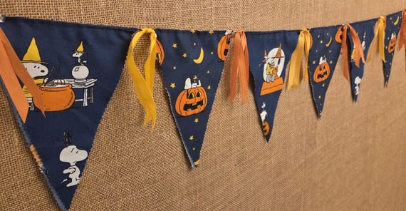 Snoopy Great Pumpkin Halloween Banner, 5 Ft. Long, Scary Pumpkin floating in sky, Snoopy Brewing Halloween Fun, Peanuts Halloween Decor