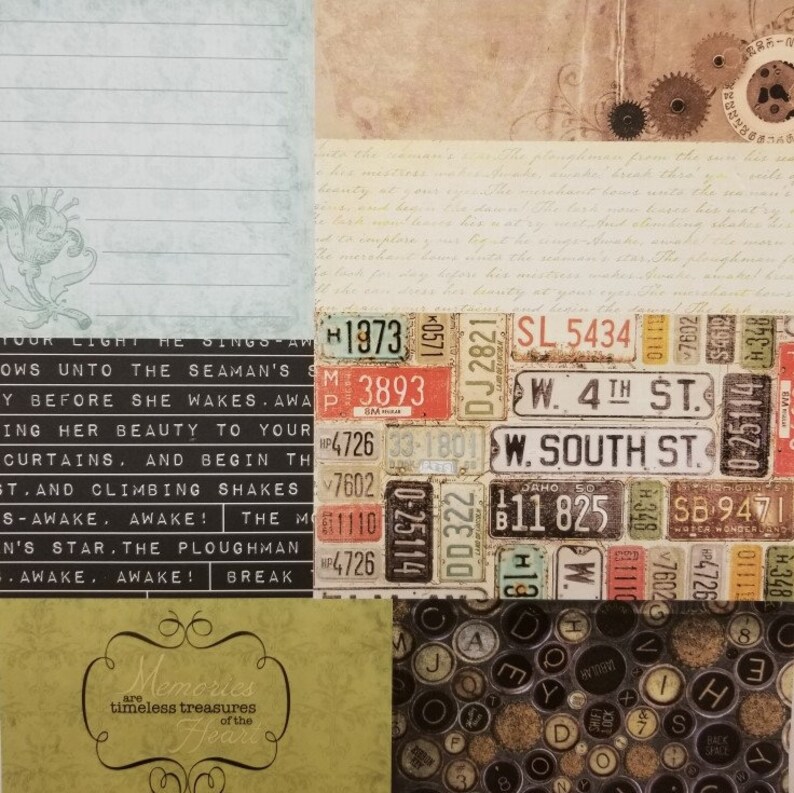 Scrap Book Vintage 12x12 10 pages License Plate Photos Numbers Plates Typewriter Keys Tags Scrapbook Papers Junk Journal