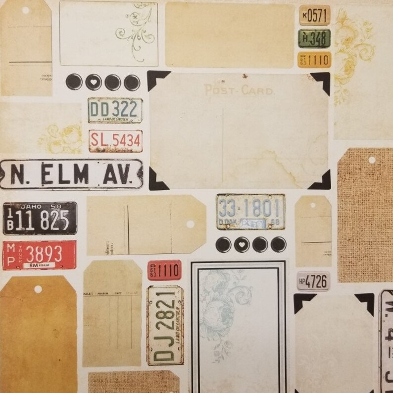 Scrap Book Vintage 12x12 10 pages License Plate Photos Numbers Plates Typewriter Keys Tags Scrapbook Papers Junk Journal