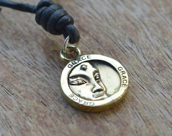 Brass Buddha Charm Necklace: Leather Cord, Spiritual Yoga Gift