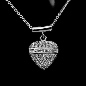 Sterling silver diamond heart pendant, elegant pave setting with round and baguette CZ diamond rhodium plating on silver, silver925 chain