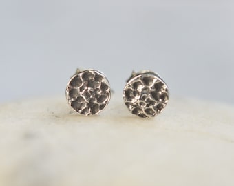 Oxidized Sterling Silver Hammered Stud Earrings: Rustic Minimalist Disks