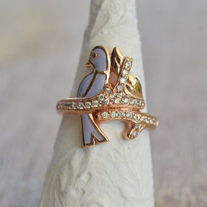 Bird ring, Bird enamel ring with CZ pink gold 18K plating, Dove ring yellow gold 18K plating,Enamel bird ring, Dove enamel ring,dove jewelry