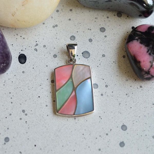 Mother of pearl pendant, Sterling silver MOP pendant nice pastel color MOP pendant necklace, inlay MOP mosaic silver pendant