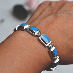 Sterling silver bracelet inlay with Turquoise, Turquoise bracelet, chunky turquoise high polished Heavy bracelet, two sides bracelet