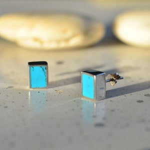 Sterling silver rectangle turquoise earrings, Kingman turquoise studs, minimalist turquoise earrings