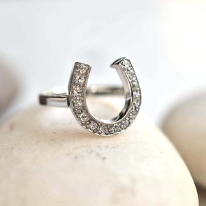 Silver horseshoe ring, sterling silver diamond CZ horseshoe ring, good luck ring, Lucky horseshoe ring, horse lover gift, Horse jewelry