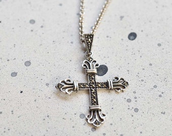 Silver Marcasite Cross Pendant, Sterling Silver 925 marcasite cross pendant with silver chain, Vintage style cross marcasite charm