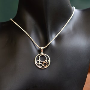 Sterling Silver circle necklace accents in two tone design by Rhodium and Rose gold 18K plating, Modern Multi silver circles link pendant