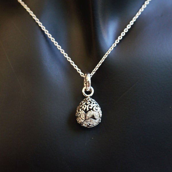 Silver Filigree teardrop charm, Sterling silver tear drop pendant necklace diamond CZ pavé setting with shiny rhodium plating on silver