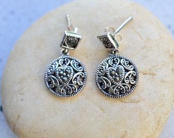 Sterling silver heart marcasite earrings, Silver 925 dangle marcasite earrings, Dangle & drop marcasite earrings, silver marcasite jewelry