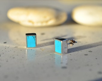 Sterling Silver Turquoise Studs: Minimalist Rectangle Earrings