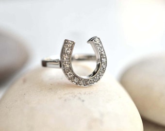 Silver horseshoe ring, sterling silver diamond CZ horseshoe ring, good luck ring, Lucky horseshoe ring, horse lover gift, Horse jewelry