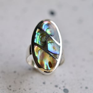 Oval Abalone Sterling Silver Ring: Paua Shell Statement Ring