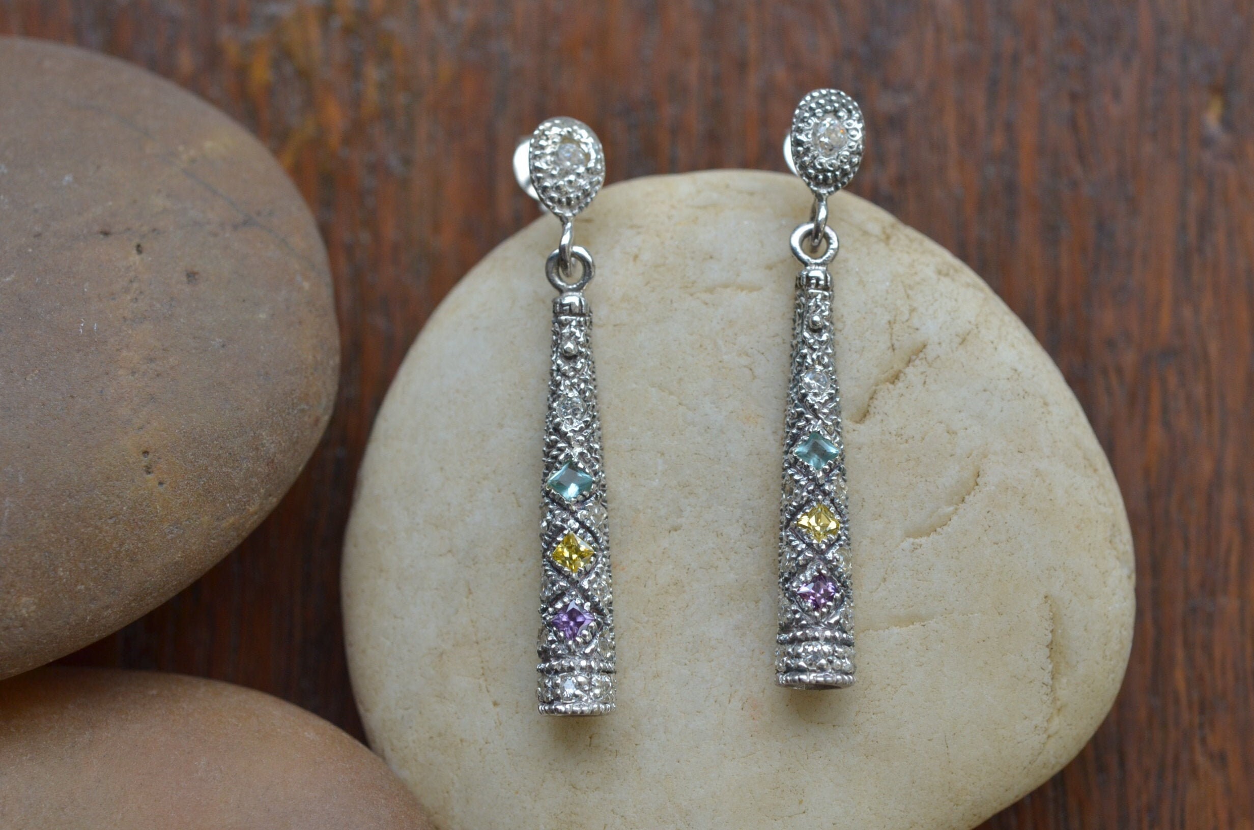 Sterling silver dangle bar earrings CZ setting long silver Etsy