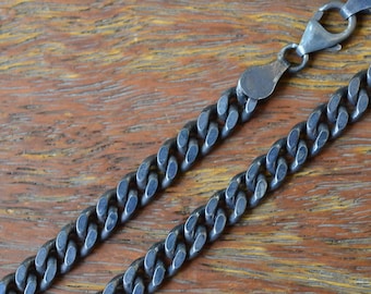 Collar de cadena tipo curb de plata de ley oxidada - Eslabón cubano grueso de 5,5 mm