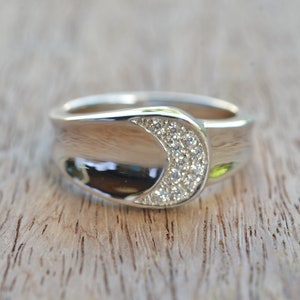 Halbmond Diamant Ring, Sterling Silber Halbmond Ring, Mond Schmuck, Mond Ring Diamant CZ Fassung hochglanzpoliert, 18K Rotgold