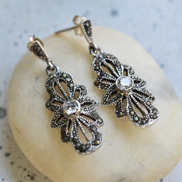 Sterling silver marcasite earrings, Silver 925 dangle marcasite earrings accent with diamond CZ setting, Dangle & drop marcasite earrings