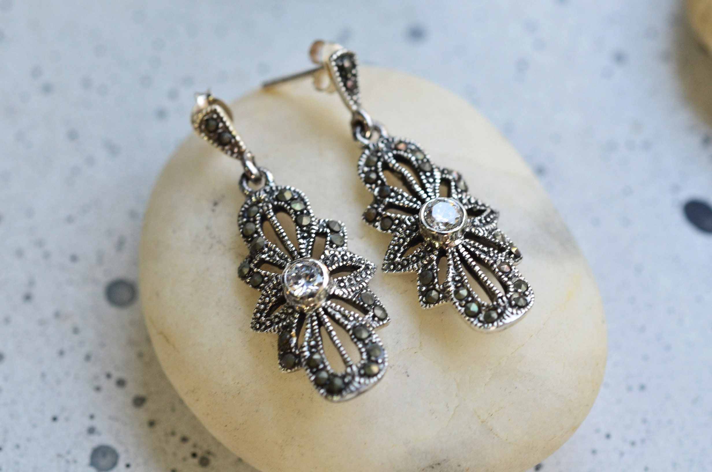 Sterling Silver Marcasite Earrings, Silver 925 Dangle Marcasite Earrings  Accent With Diamond CZ Setting, Dangle & Drop Marcasite Earrings - Etsy