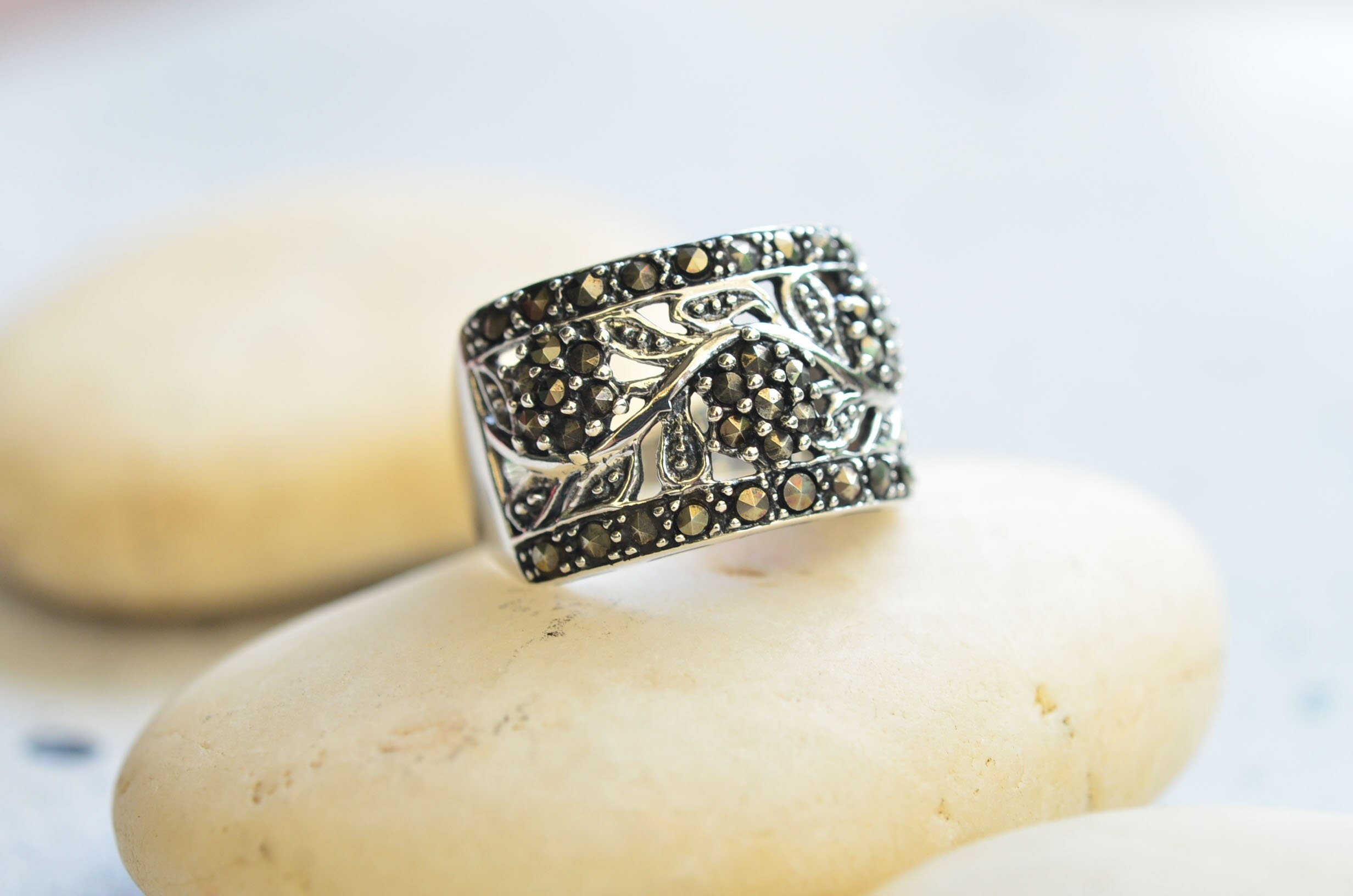 Buy 925 Sterling Silver Vintage Cubic Zirconia & Marcasite Band Ring Sz 6  RG14434 Online in India - Etsy