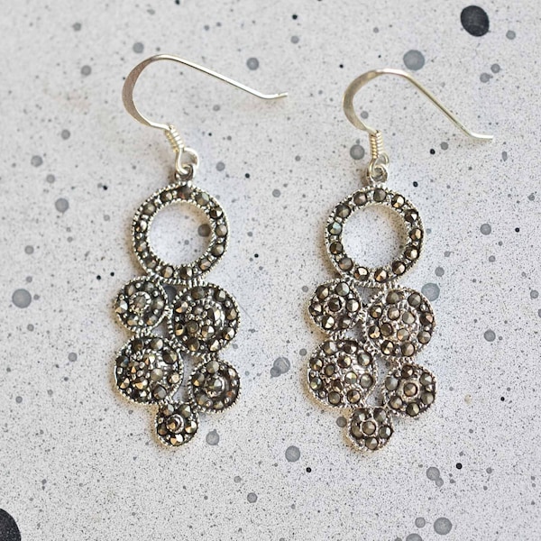 Sterling silver marcasite earrings, Silver 925 dangle marcasite earrings, Dangle & drop marcasite earrings, silver marcasite jewelry