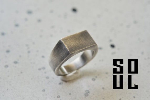 Rustic Sterling Silver Signet Ring: Heavy Textured Rectangle 