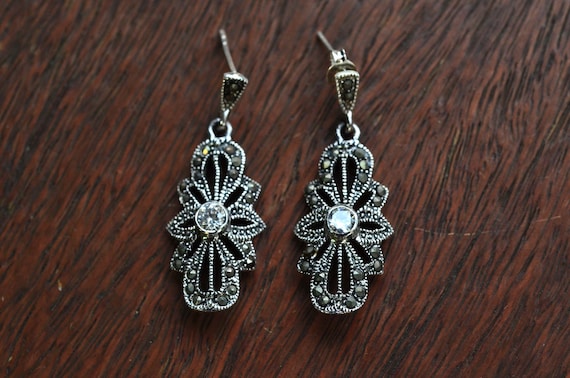 Sterling Silver Marcasite Earrings, Silver 925 Dangle Marcasite Earrings  Accent With Diamond CZ Setting, Dangle & Drop Marcasite Earrings - Etsy