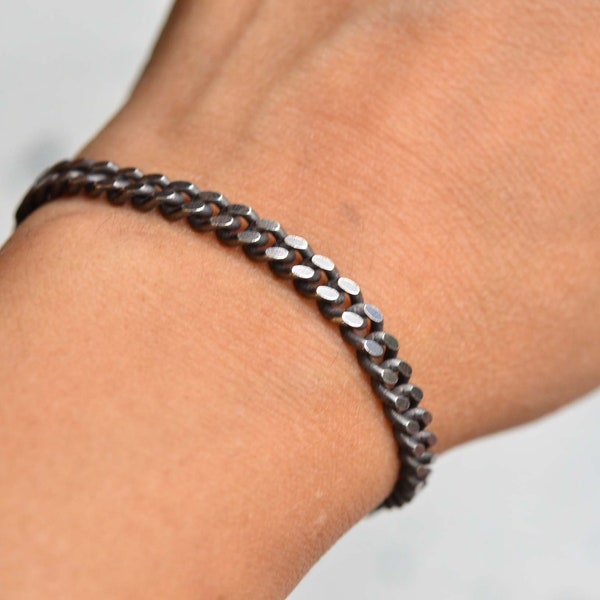 Silver 925 curb Cuban bracelet, Minimalist men's bracelet Width 5.5 mm Thick 2.2 mm, black oxidized sterling silver curb chain bracelet