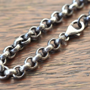 Silver Rolo chain bracelet 5.6mm, Sterling Silver Rolo oxidized chain bracelet, Rustic style black oxidized Rolo chain